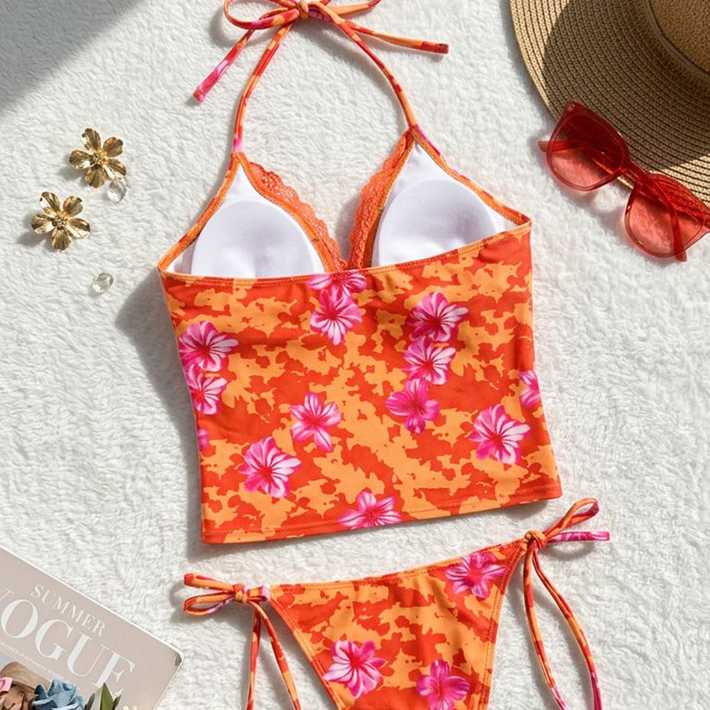 Orange printed lace border strap sexy split vacation bikini swimsuit
