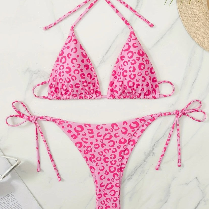 Pink Leopard Print Bikini Set for Women, Halter Neck Two-Piece Swimsuit with Elegant Design