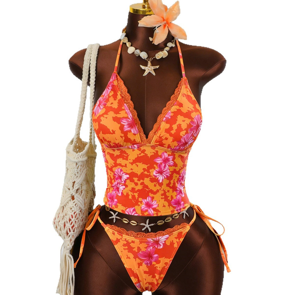 Orange printed lace border strap sexy split vacation bikini swimsuit
