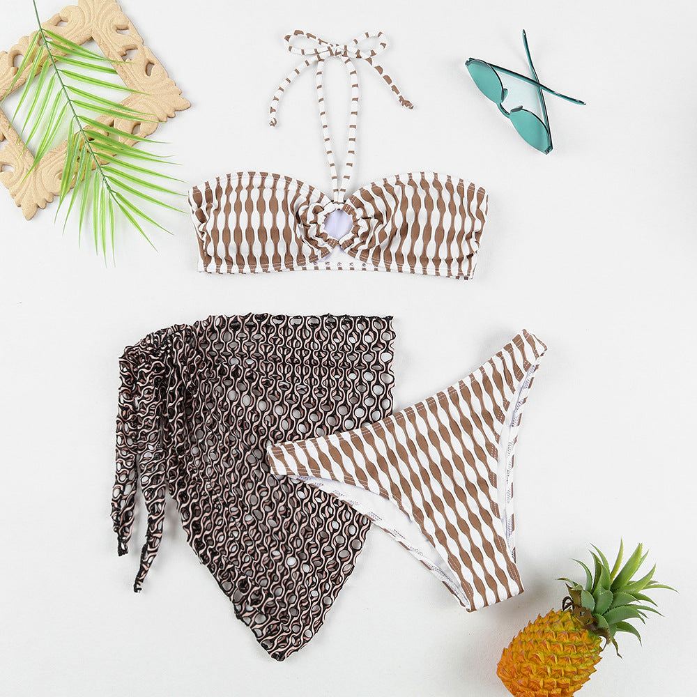 Three piece striped swimsuit set
