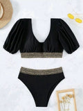 Split triangle high waisted half sleeved bikini swimsuit for women