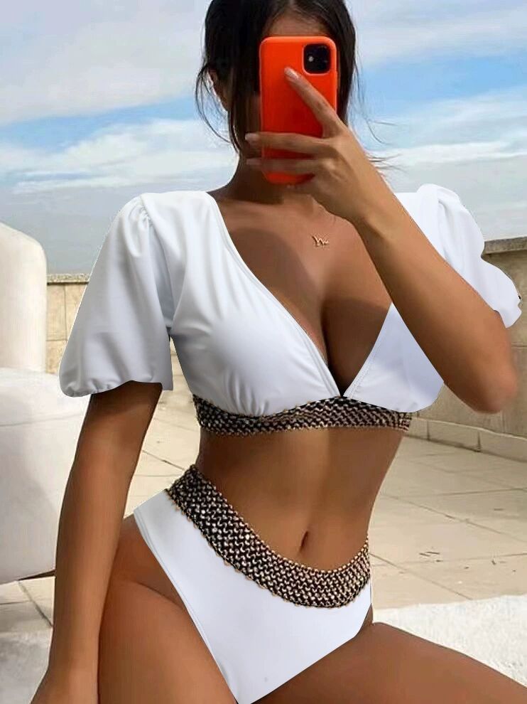 Split triangle high waisted half sleeved bikini swimsuit for women