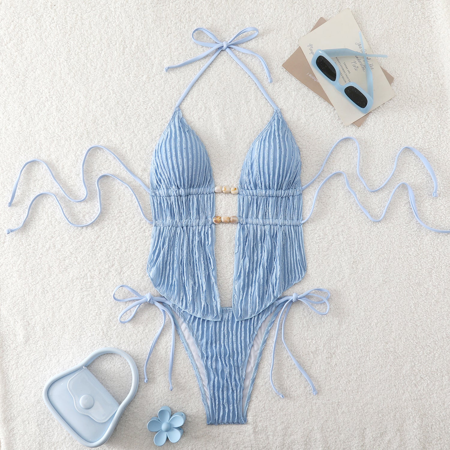 Split neck strap drawstring backless bikini swimsuit
