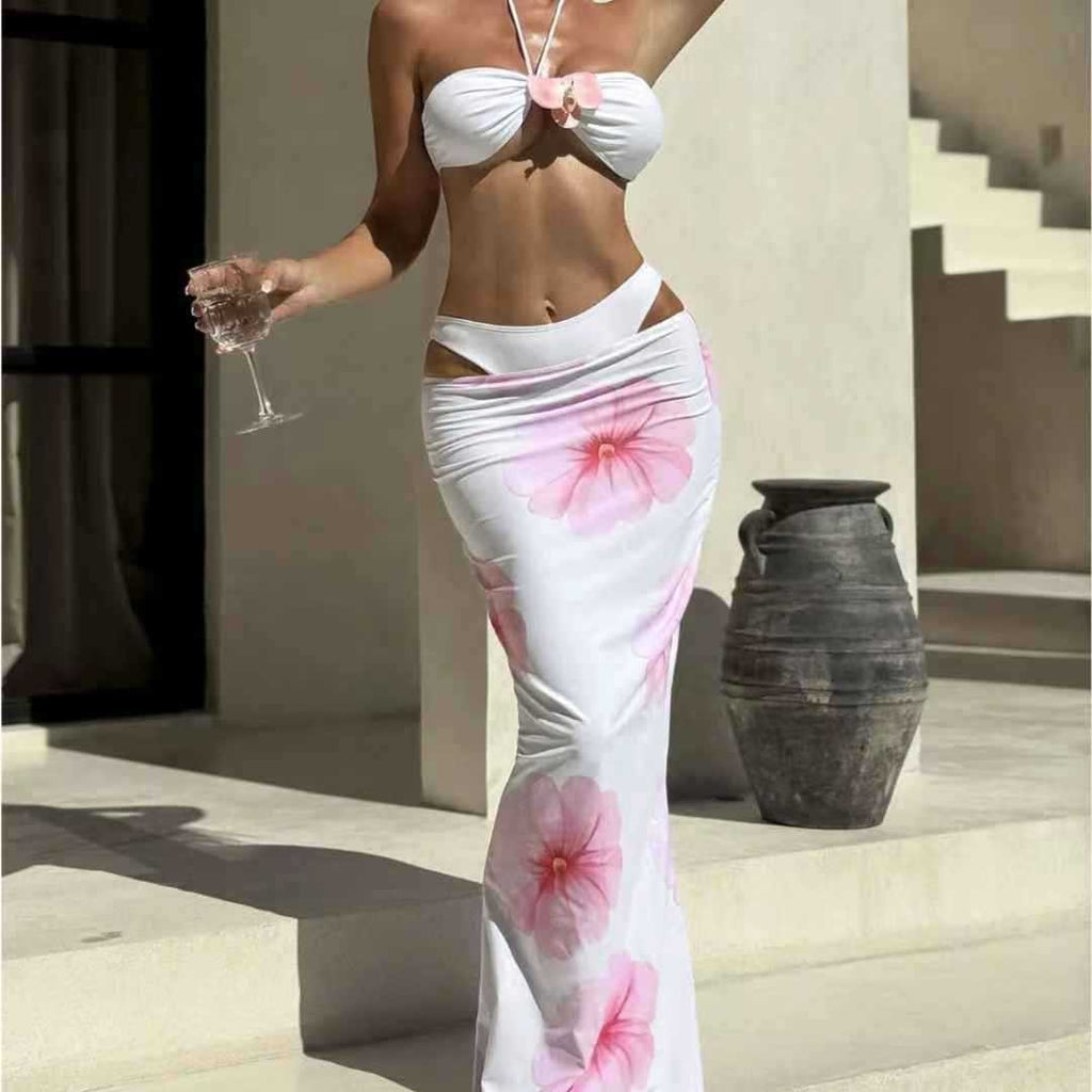 Large Floral Strapless Three-Piece Long Skirt Swimsuit Bikini