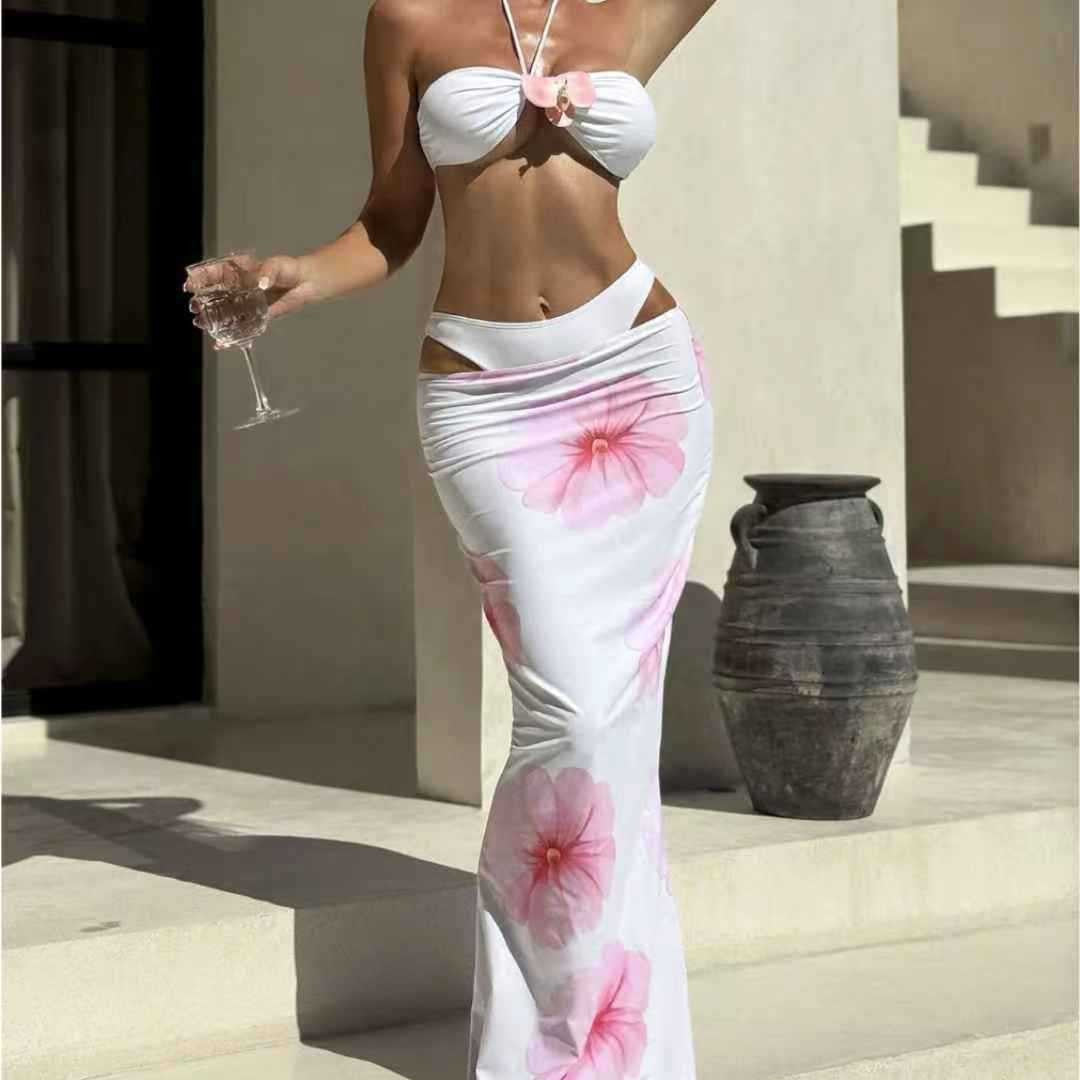 Large Floral Strapless Three-Piece Long Skirt Swimsuit Bikini