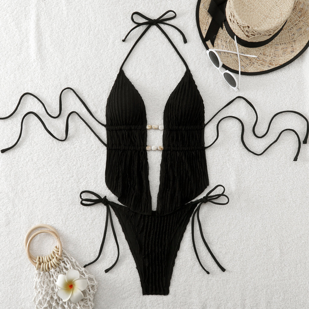 Split neck strap drawstring backless bikini swimsuit