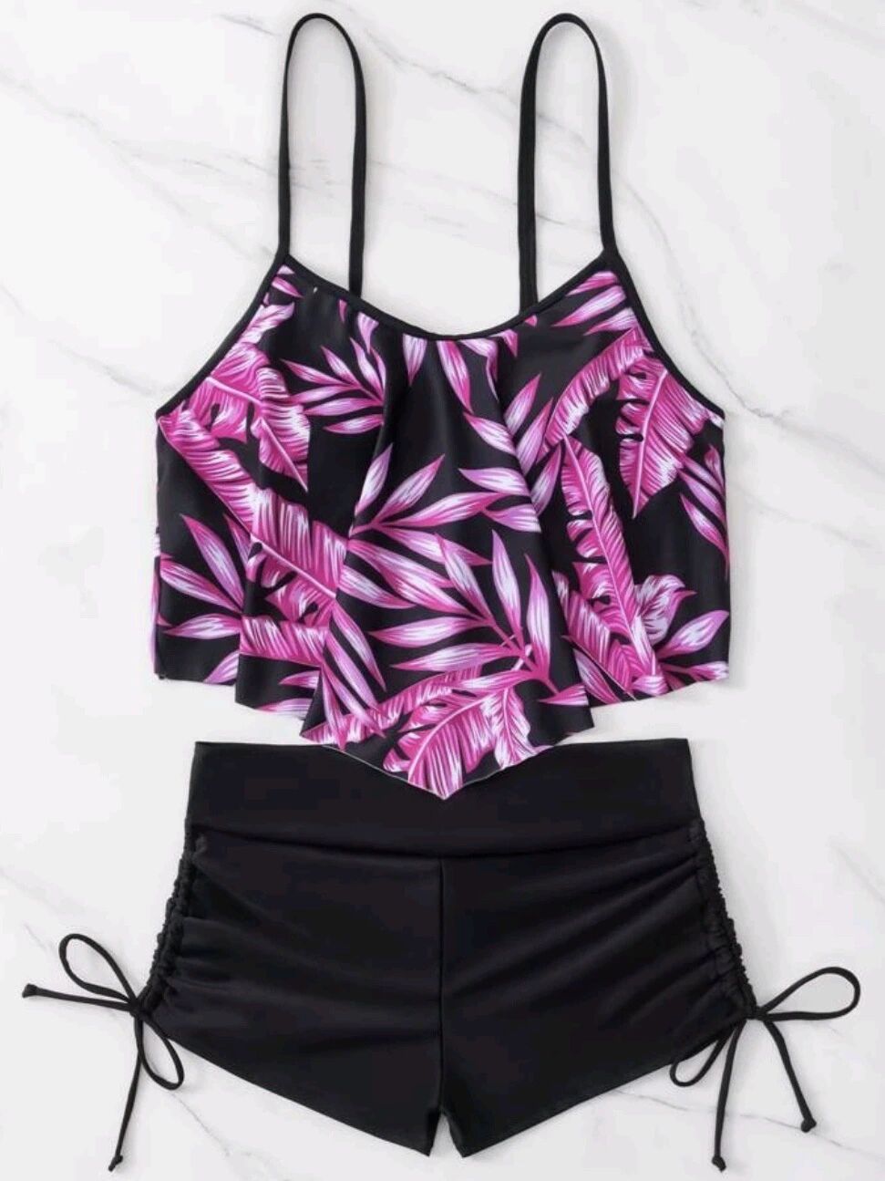 Split high waisted ruffled edge drawstring bikini swimsuit