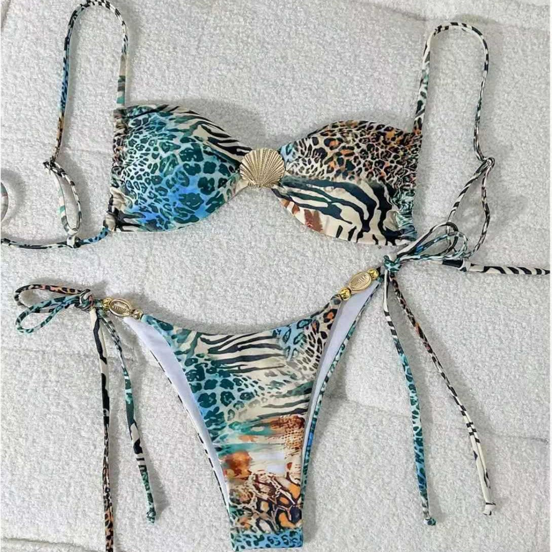 Leopard Print Bikini Set Women's Export Fitted Backless Triangular Quick-Dry Separated Swimwear