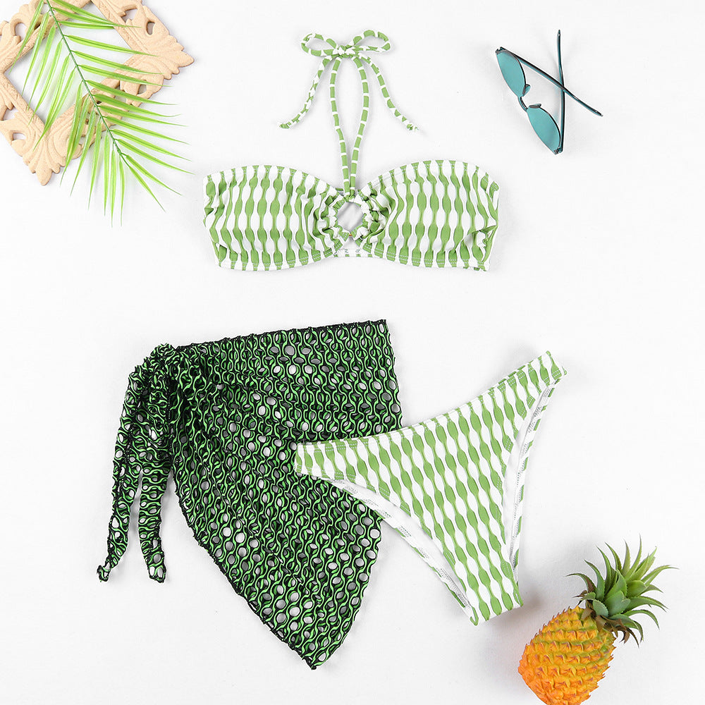 Three piece striped swimsuit set