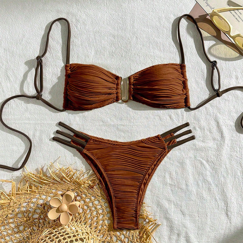 Sexy Solid Color Strapless U-Neck Cutout Bikini Swimwear