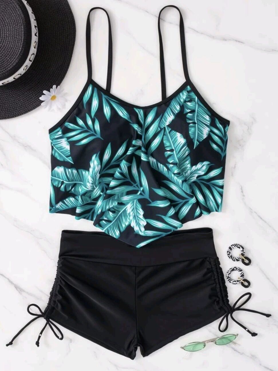 Split high waisted ruffled edge drawstring bikini swimsuit