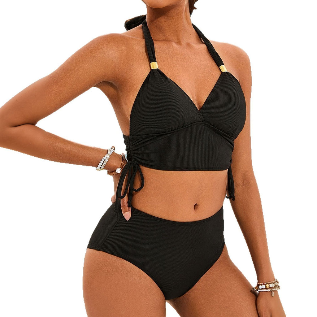 Solid Color Tie-Up Drawstring Split Bikini Swimsuit