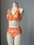 Split swimsuit floral patchwork high waisted cross bikini
