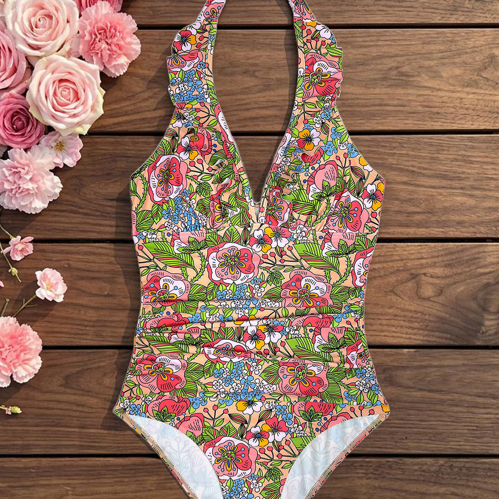 Lotus leaf edge hanging neck strap integrated printed one-piece bikini swimsuit for women