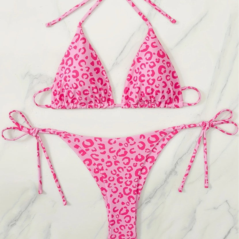 Pink Leopard Print Bikini Set for Women, Halter Neck Two-Piece Swimsuit with Elegant Design