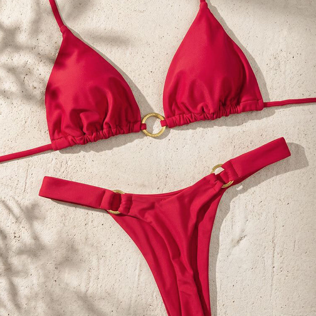 Solid color strap sexy low waist thong split swimsuit bikini women