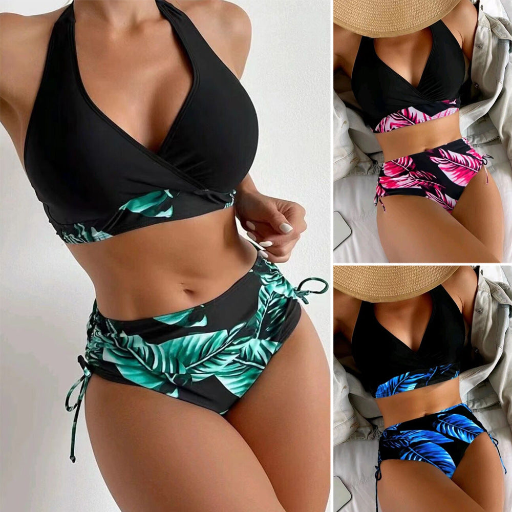 Split neck high waist backless bikini swimsuit for women