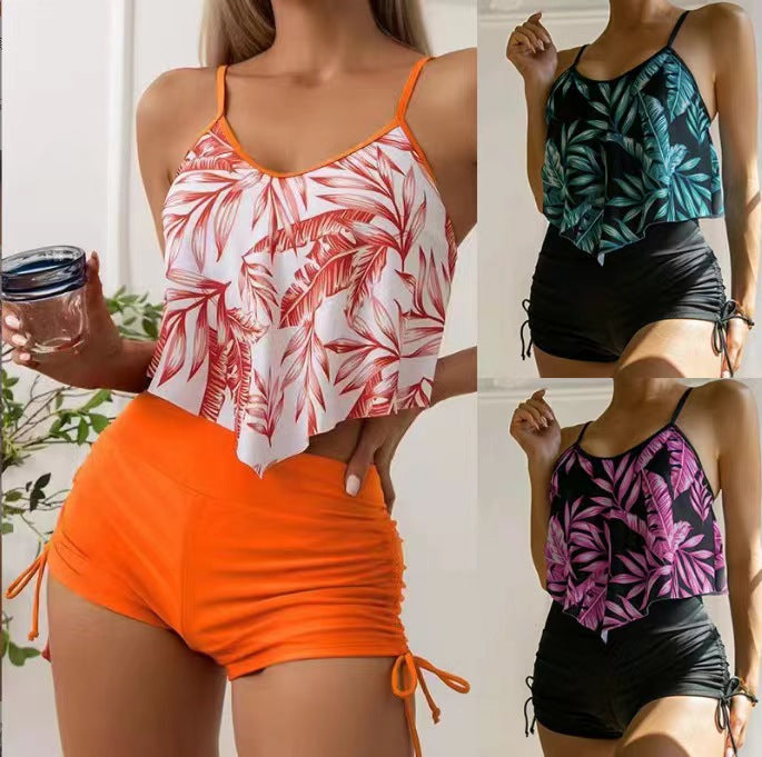 Split high waisted ruffled edge drawstring bikini swimsuit