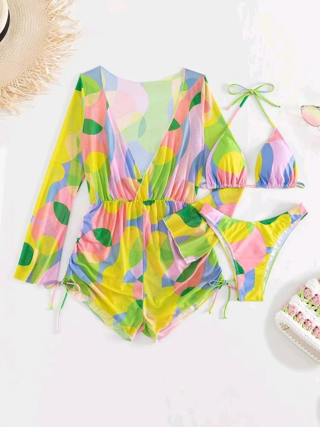 Jumpsuit long sleeved mesh hood bikini three piece swimsuit women's bikini