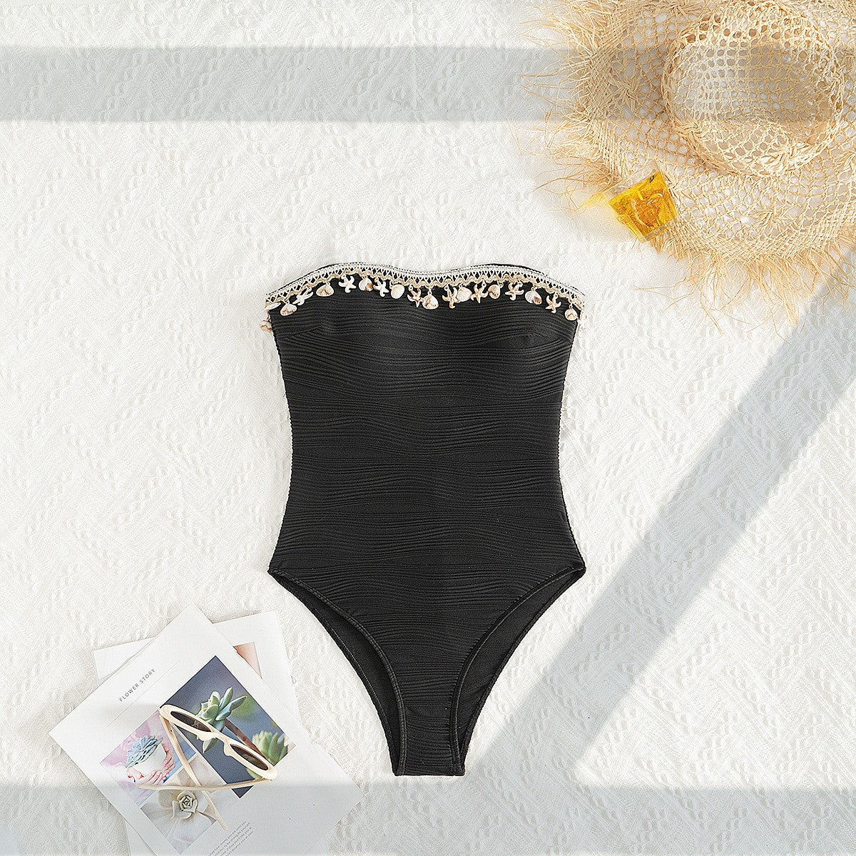 One-Piece Swimsuit with Shell and Starfish Metal Accessories, Beach Vacation Bikini