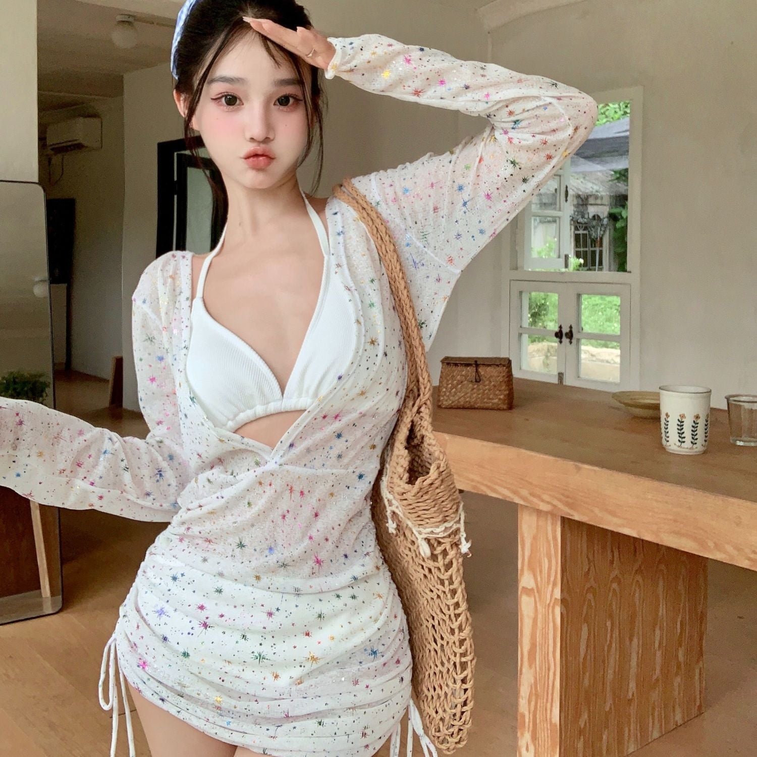 Cute Girl Star Print Long Sleeve Cover-Up Separated Bikini Three-Piece Swimsuit for Small Bust