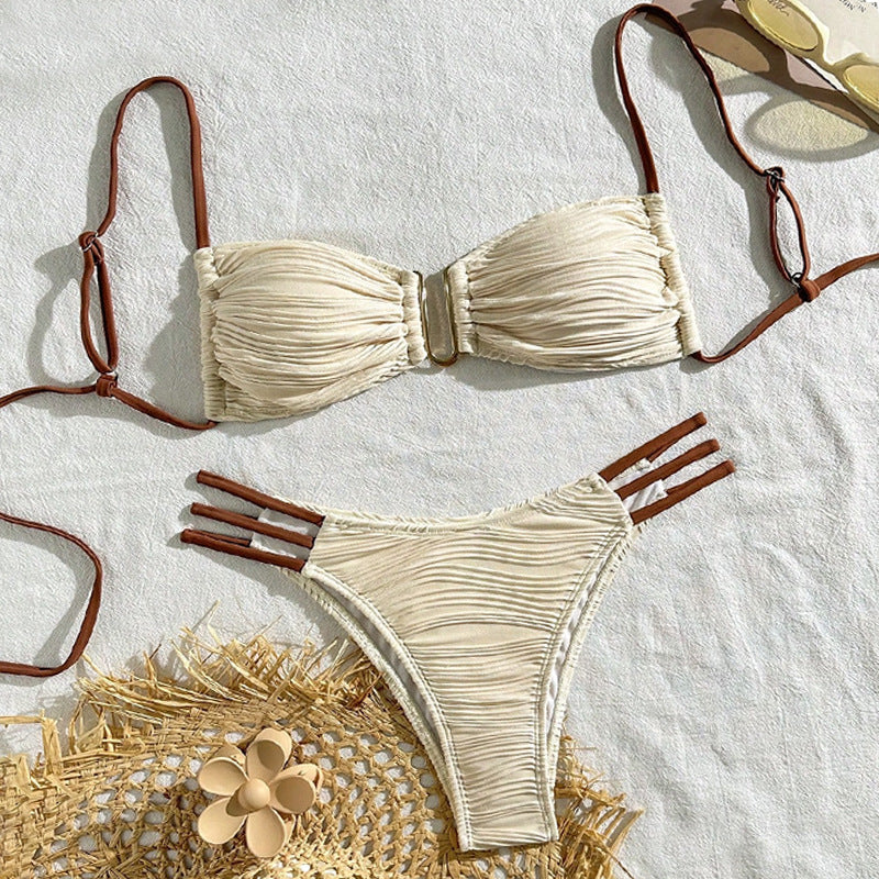 Sexy Solid Color Strapless U-Neck Cutout Bikini Swimwear