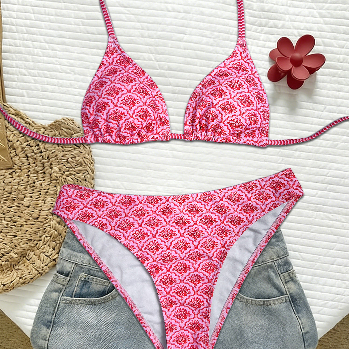 Printed neck strap triangle cup sexy bikini vacation swimsuit