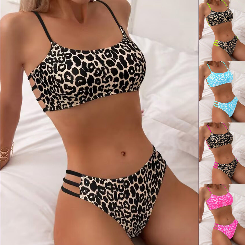 Leopard print multi rope hollow swimsuit bikini