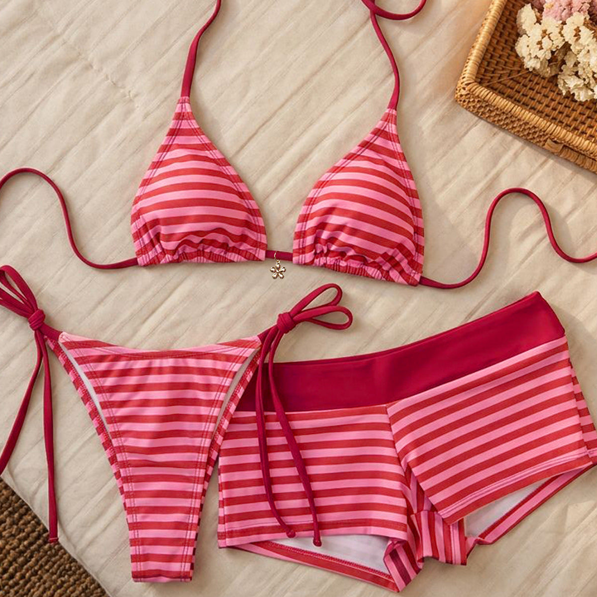 Striped print strap flat corner shorts bikini split three piece swimsuit for women