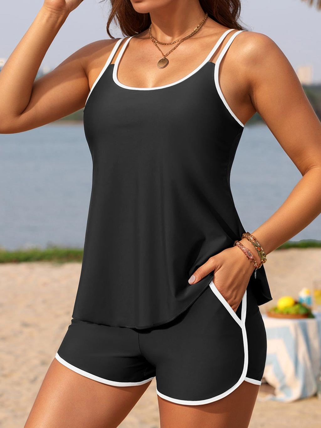 Color blocked shoulder strap split bikini swimsuit for women