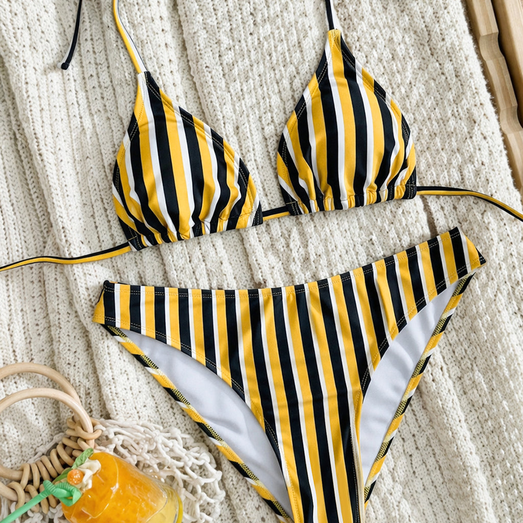 Striped printed triangular strap sexy split swimsuit