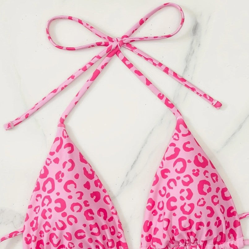 Pink Leopard Print Bikini Set for Women, Halter Neck Two-Piece Swimsuit with Elegant Design