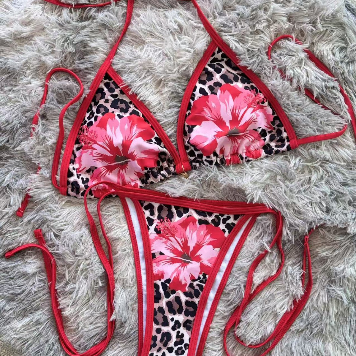 Leopard Print Red Flower Bikini Tie-Up Two-Piece Swimsuit Bikini Export
