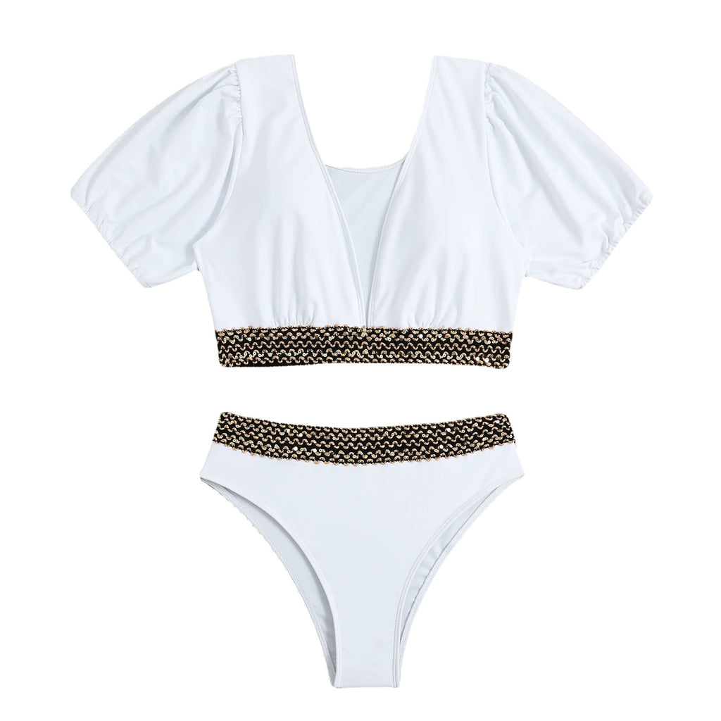 Split triangle high waisted half sleeved bikini swimsuit for women