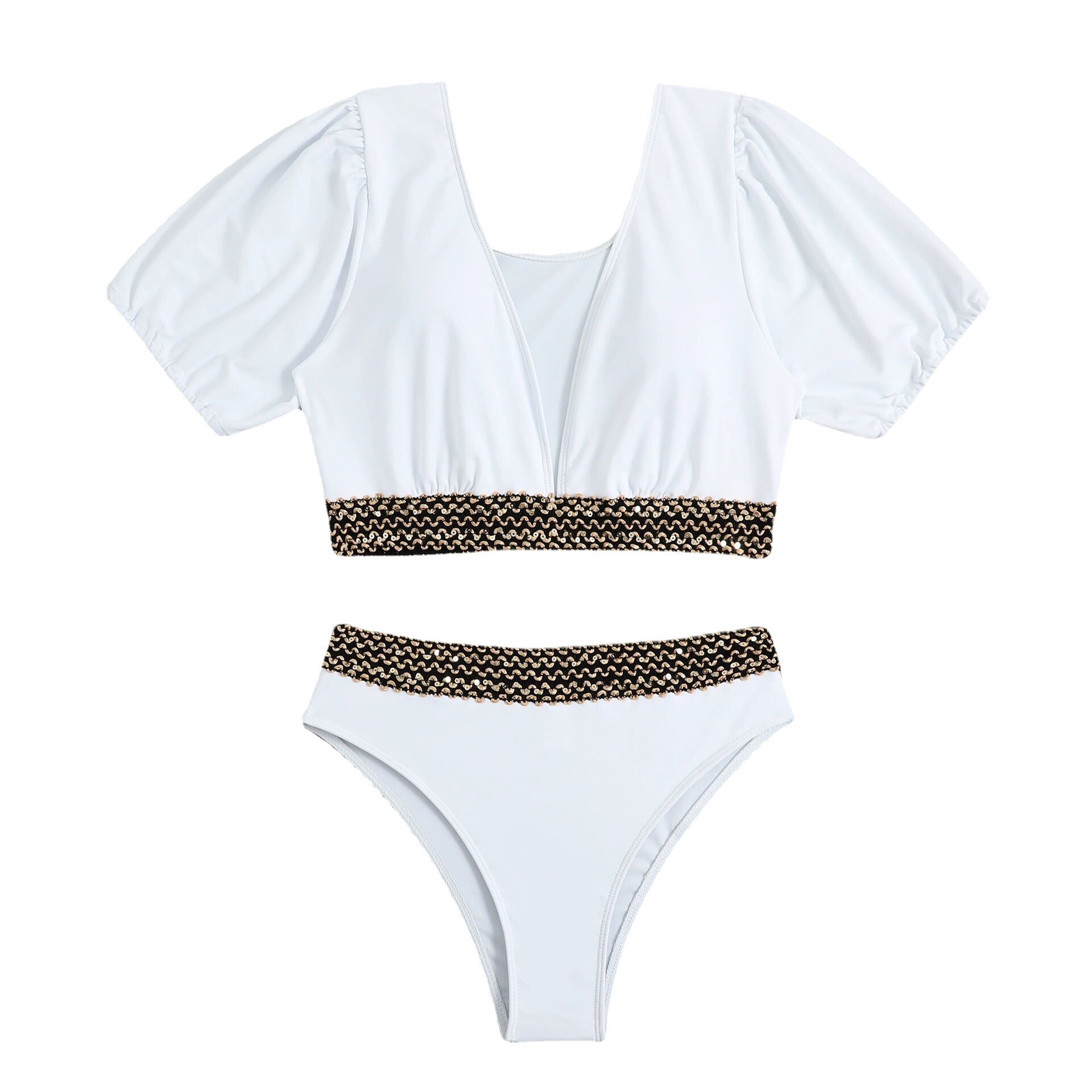 Split triangle high waisted half sleeved bikini swimsuit for women