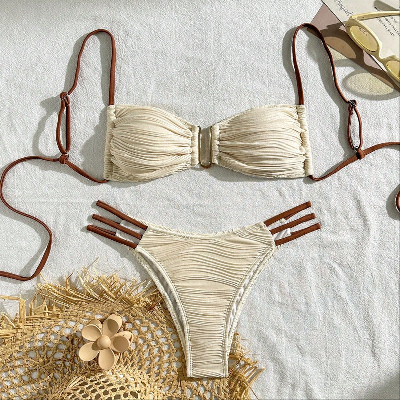 Sexy Solid Color Strapless U-Neck Cutout Bikini Swimwear