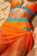Women's Sexy Blue-Orange Color Block Halter Neck Beach Separated Three-Piece Swimwear Bikini Set