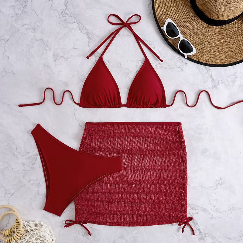 Skirt style mesh three piece bikini set