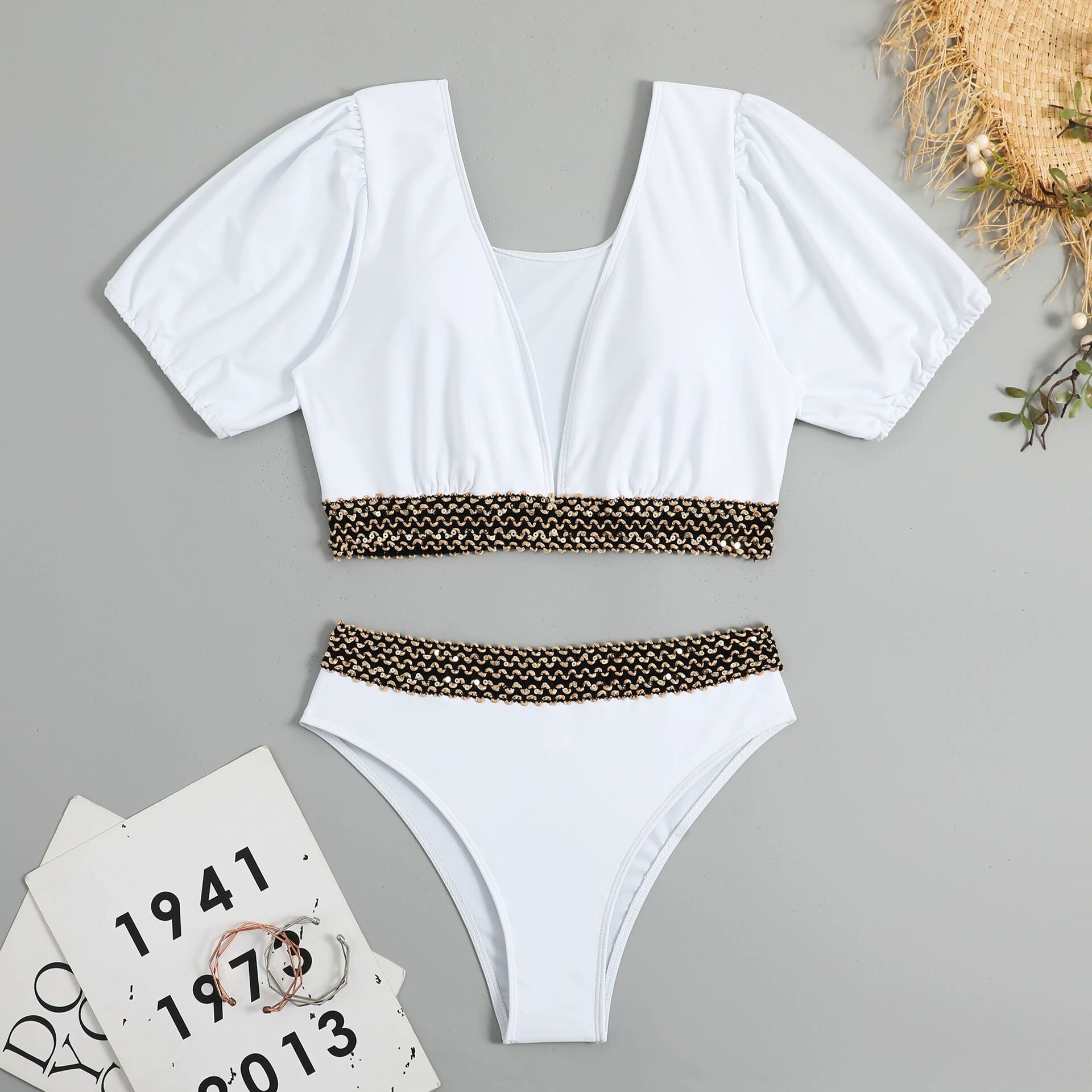 Split triangle high waisted half sleeved bikini swimsuit for women