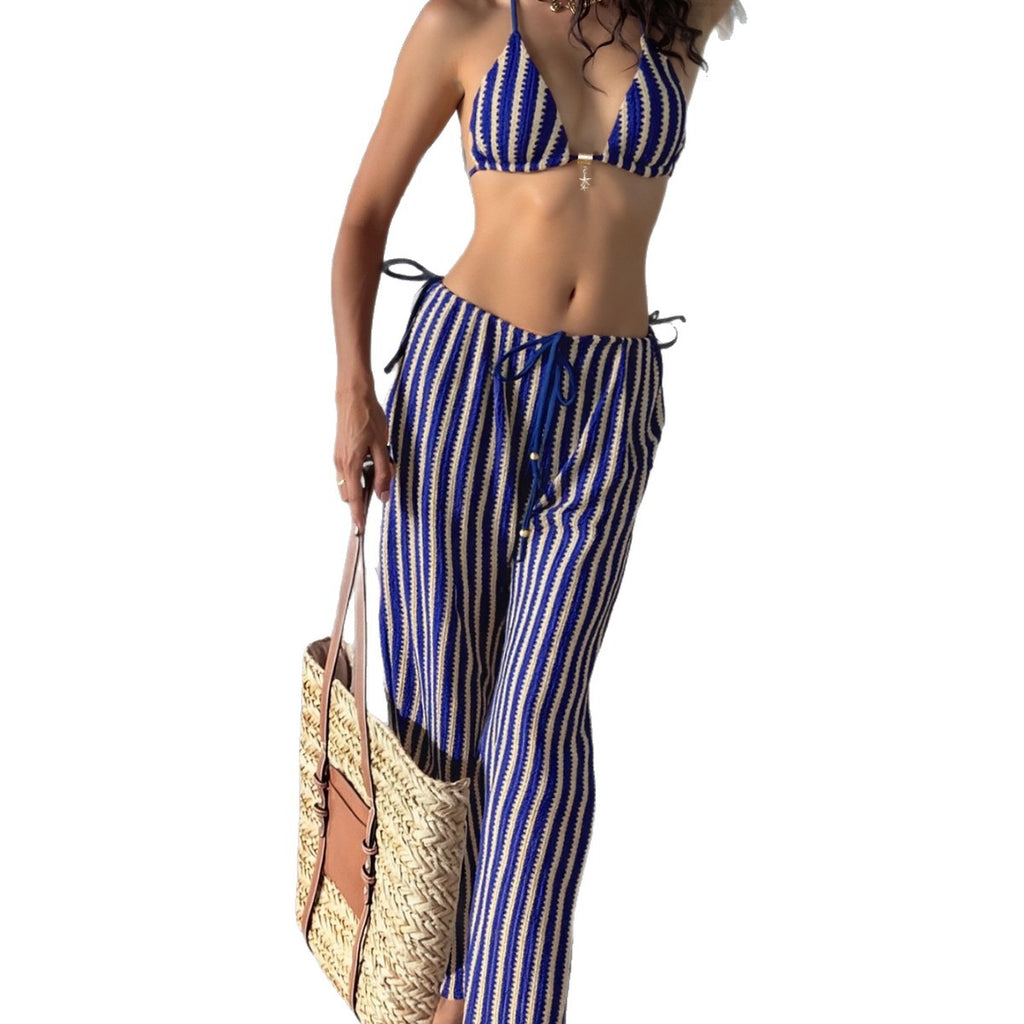Color blocked strap sexy split pants three piece swimsuit