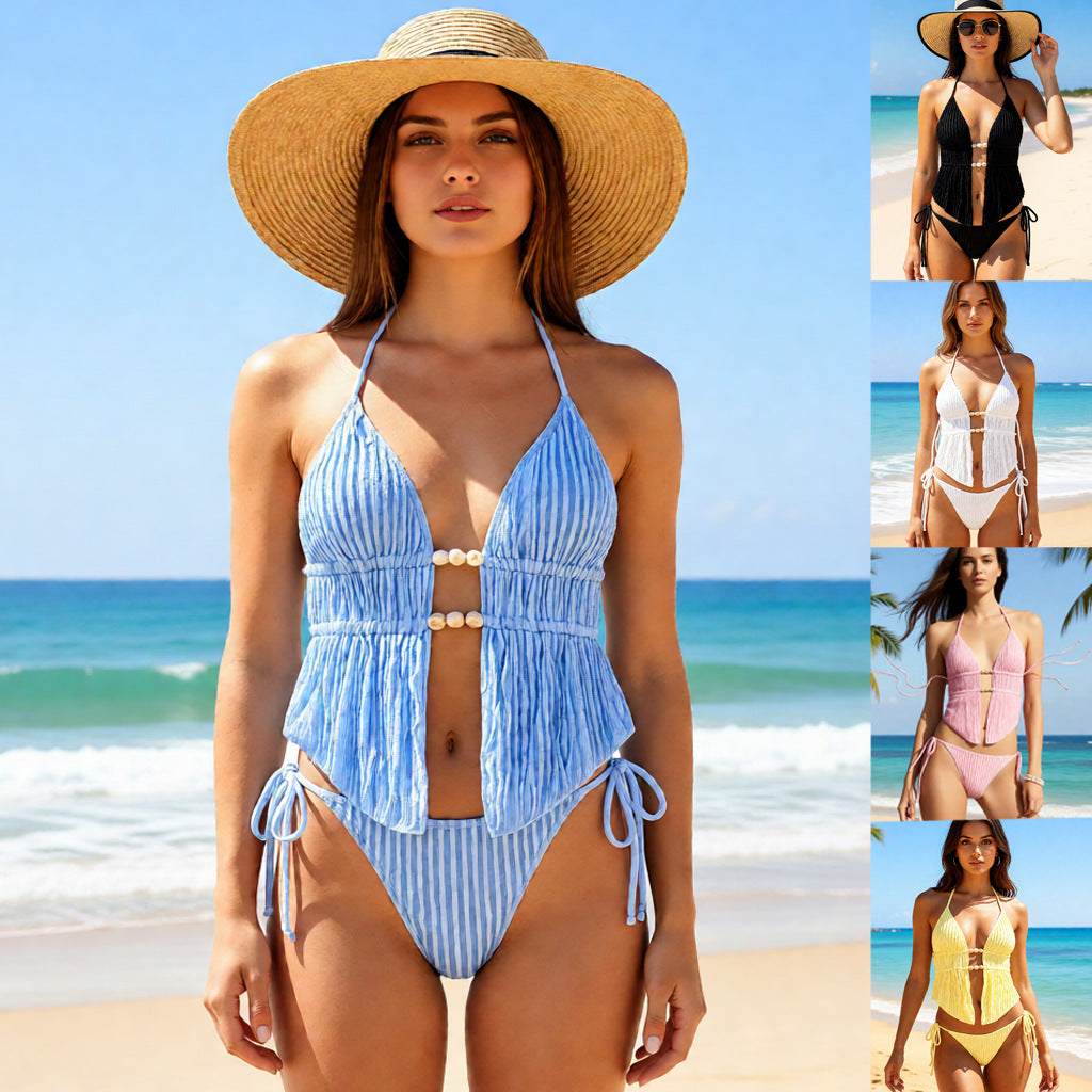 Split neck strap drawstring backless bikini swimsuit