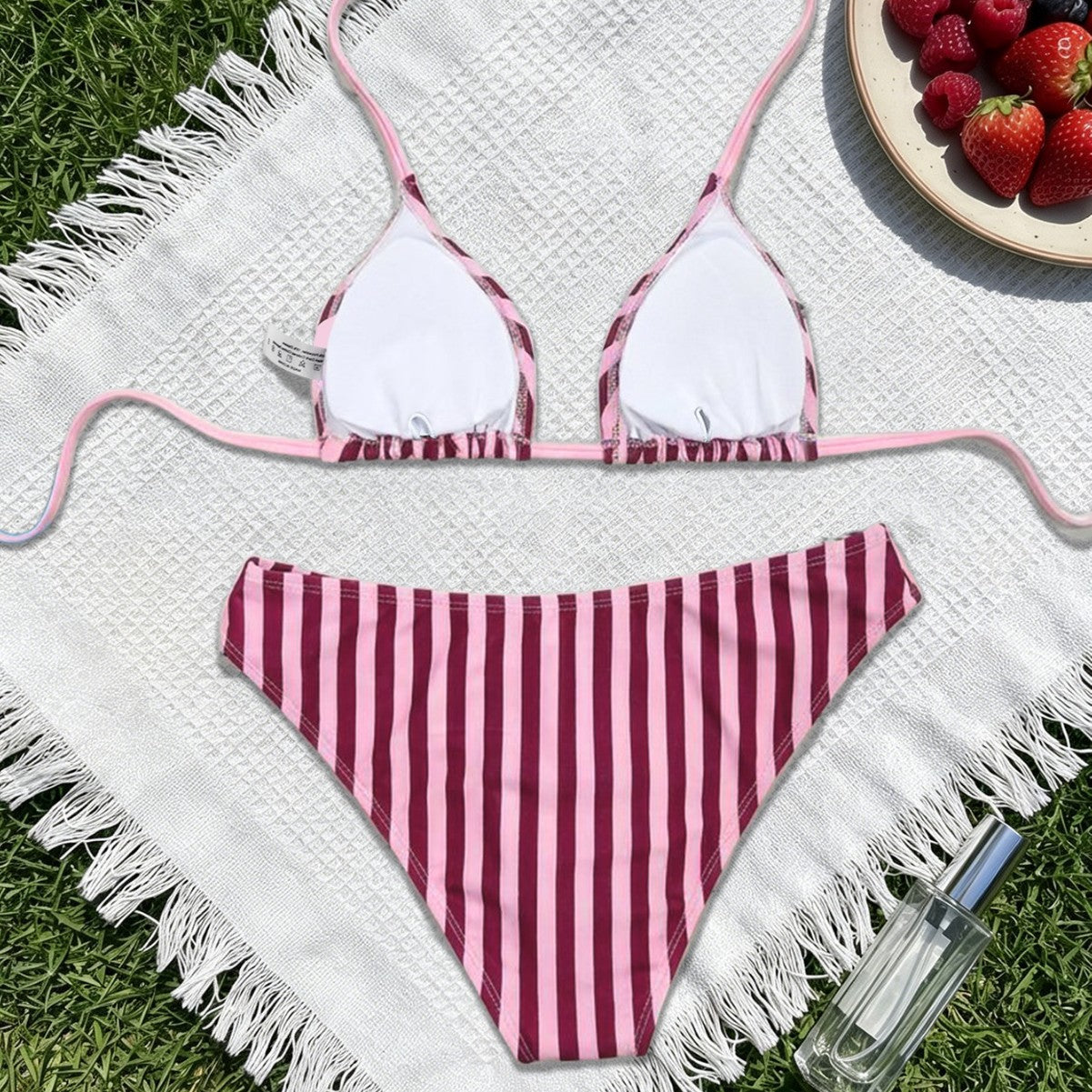 Striped printed triangular cup lace up sexy backless split swimsuit