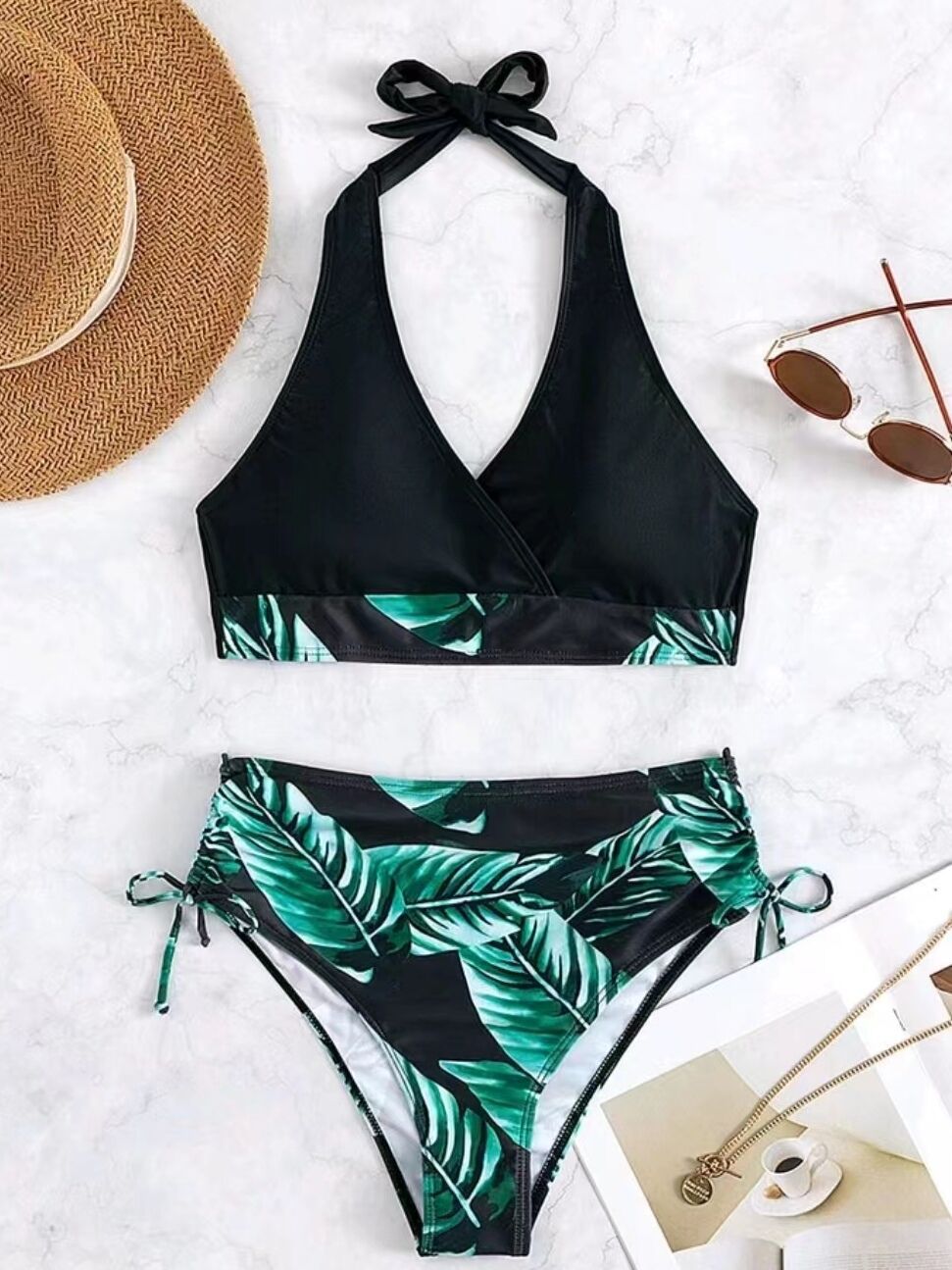 Split neck high waist backless bikini swimsuit for women