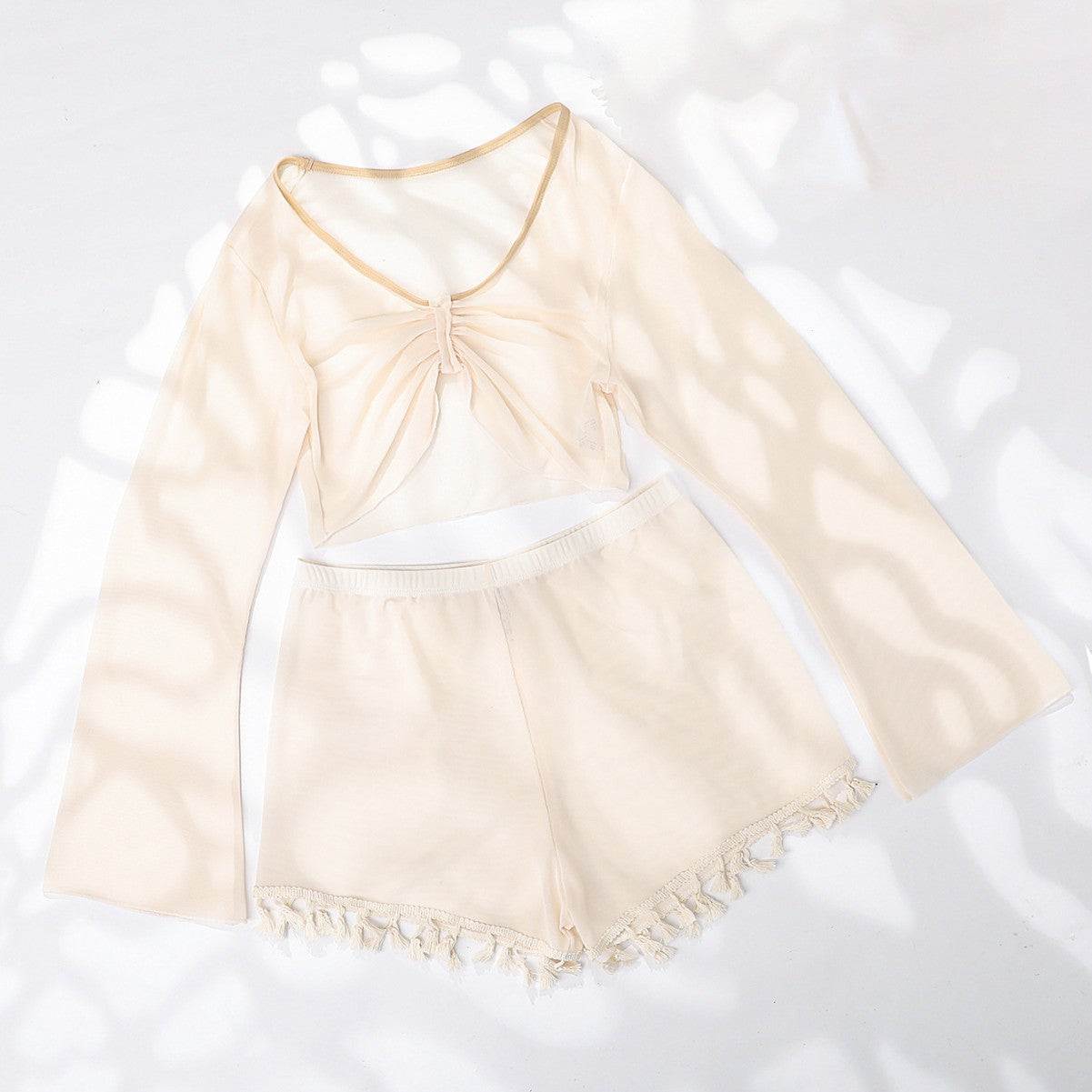 Solid color sexy mesh long sleeved tassel shorts two-piece swimsuit