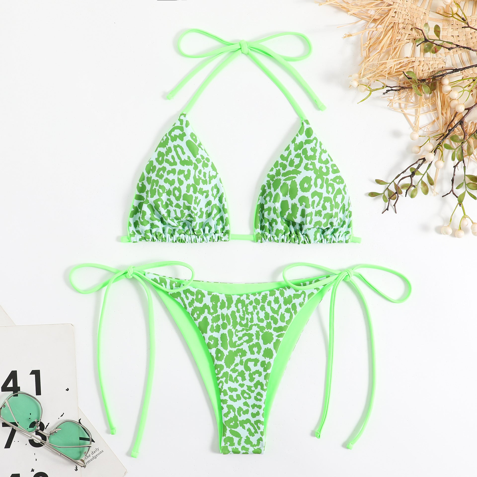 Leopard striped drawstring bikini swimsuit bikini