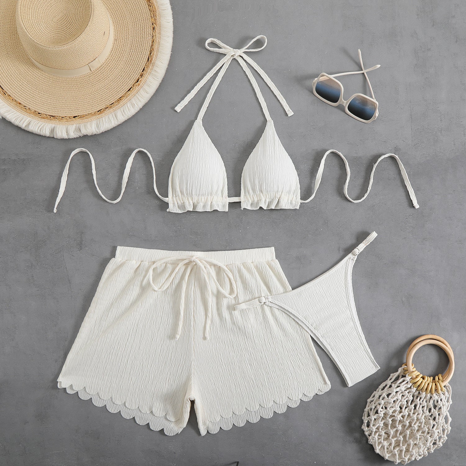 Three piece swimsuit bikini with neck tie and split flat angle pants