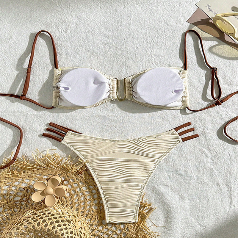 Sexy Solid Color Strapless U-Neck Cutout Bikini Swimwear