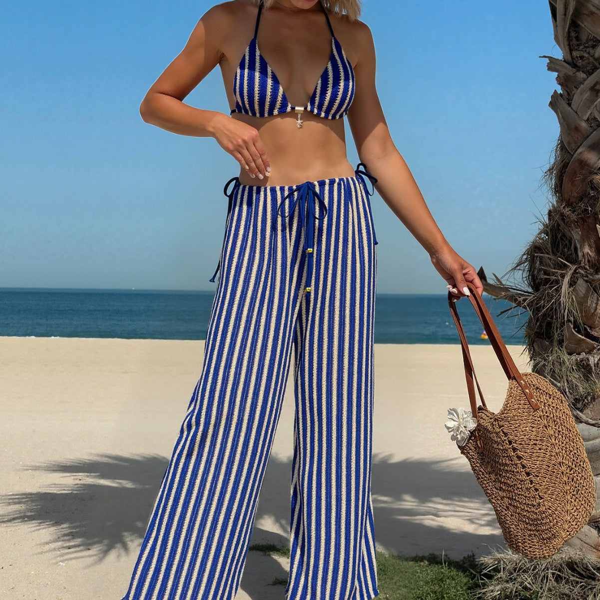 Color blocked strap sexy split pants three piece swimsuit