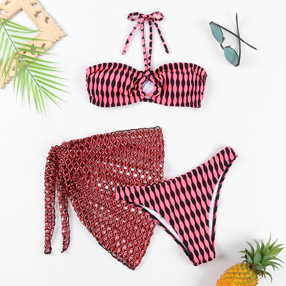 Three piece striped swimsuit set
