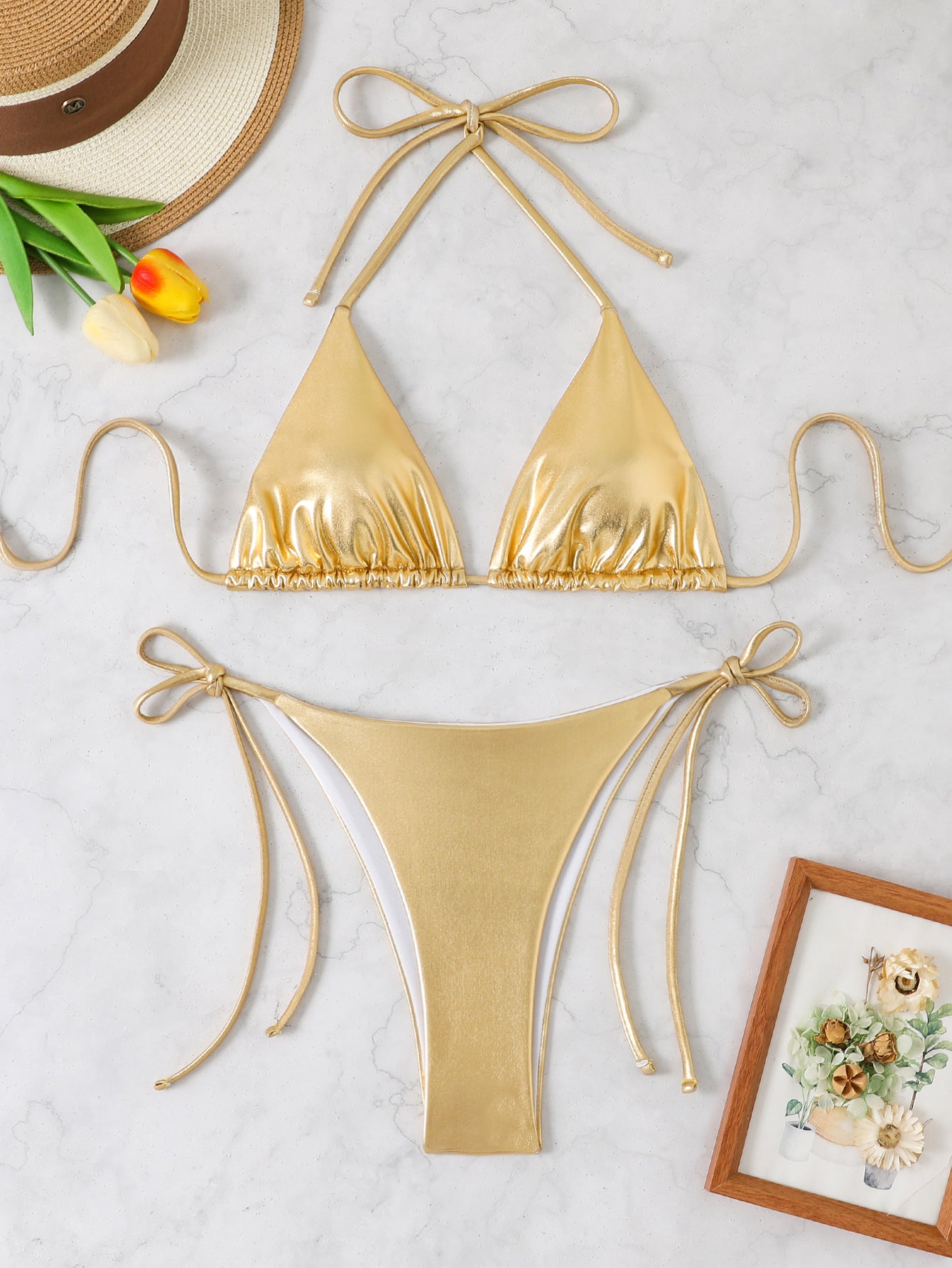 Swimsuit hot stamping shiny bikini three-point style